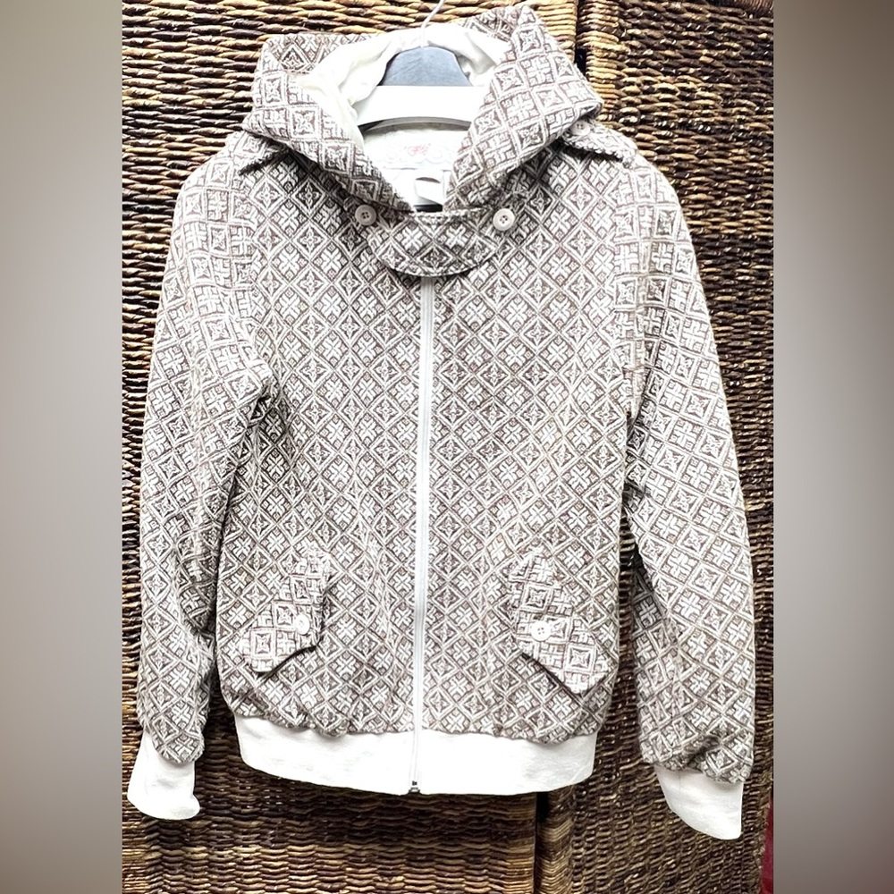 Stussy- Girls‎ Brown and Cream Geometric Jacket- Large, Some cuff discoloration